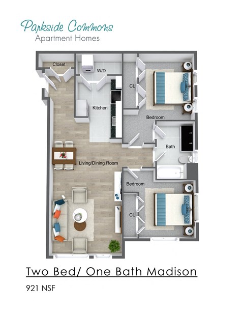 Floor plan for 2 beds, 1 bath, 946 sqft
